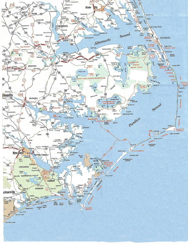 Area map of Pamlico and Albermarle sound, North Carollina.