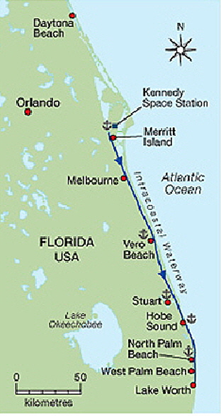The path of the "breakdown cruise" in the intercoastal waterway of Florida.