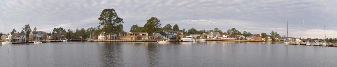 This is part of the Fairfield Harbour lagoon, around which are many homes with private docks and boats at the end of the garden.