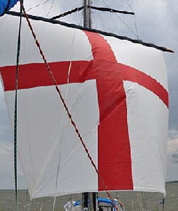The squaresail fills with a steady breeze from astern.